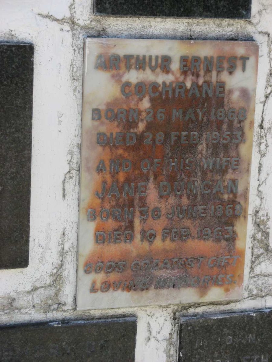 COCHRANE Arthur Ernest 1868-1953 &amp; Jane Duncan 1868-1963
