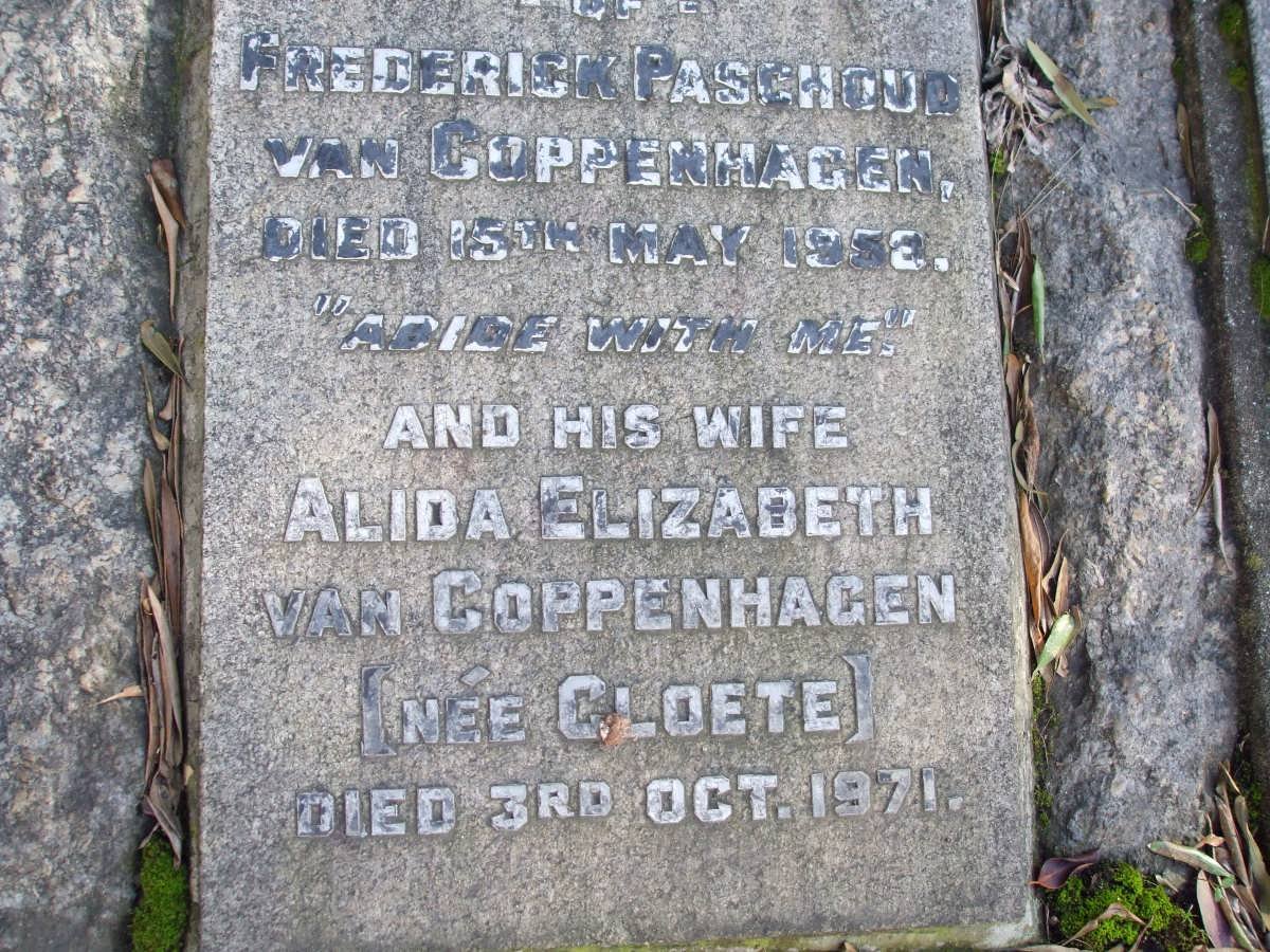 COPPENHAGEN Frederick Paschoud, van -1958 &amp; Alida Elizabeth CLOETE -1971