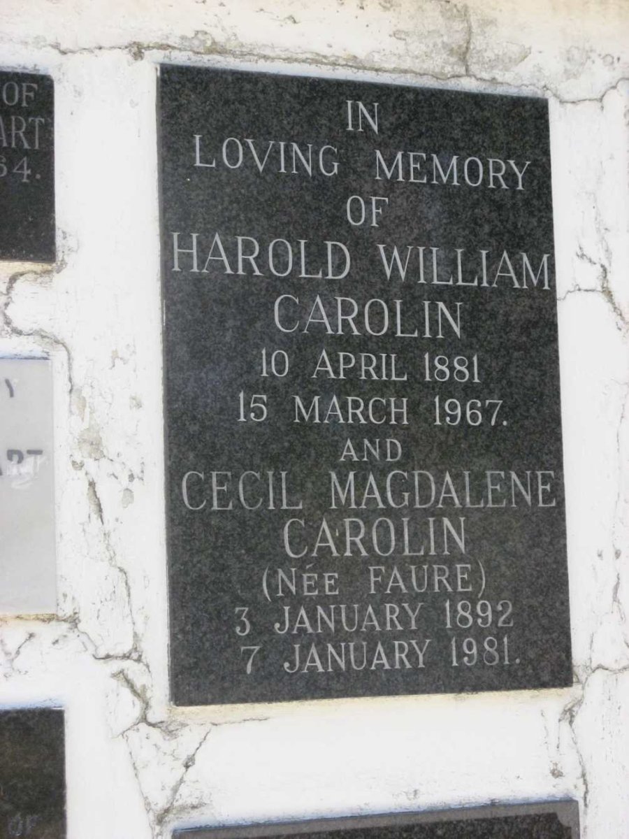 CAROLIN Harold William 1881-1967 &amp; Cecil Magdalene FAURE 1892-1981
