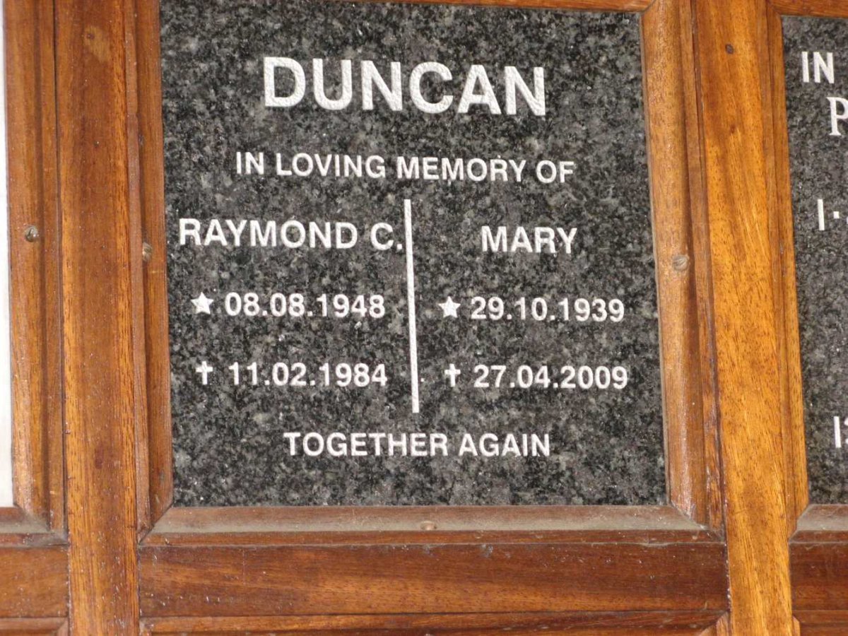 DUNCAN Mary 1939-2009 :: DUNCAN Raymond C. 1948-1984