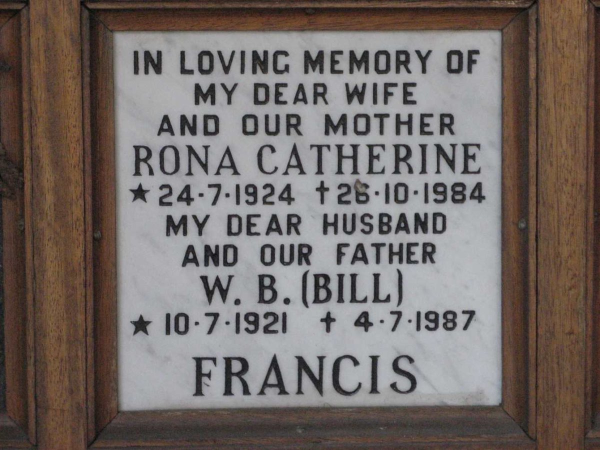 FRANCIS W.B. 1921-1987 &amp; Rona Catherine 1924-1984