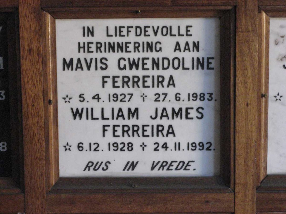 FERREIRA William James 1928-1992 &amp; Mavis Gwendoline 1927-1983