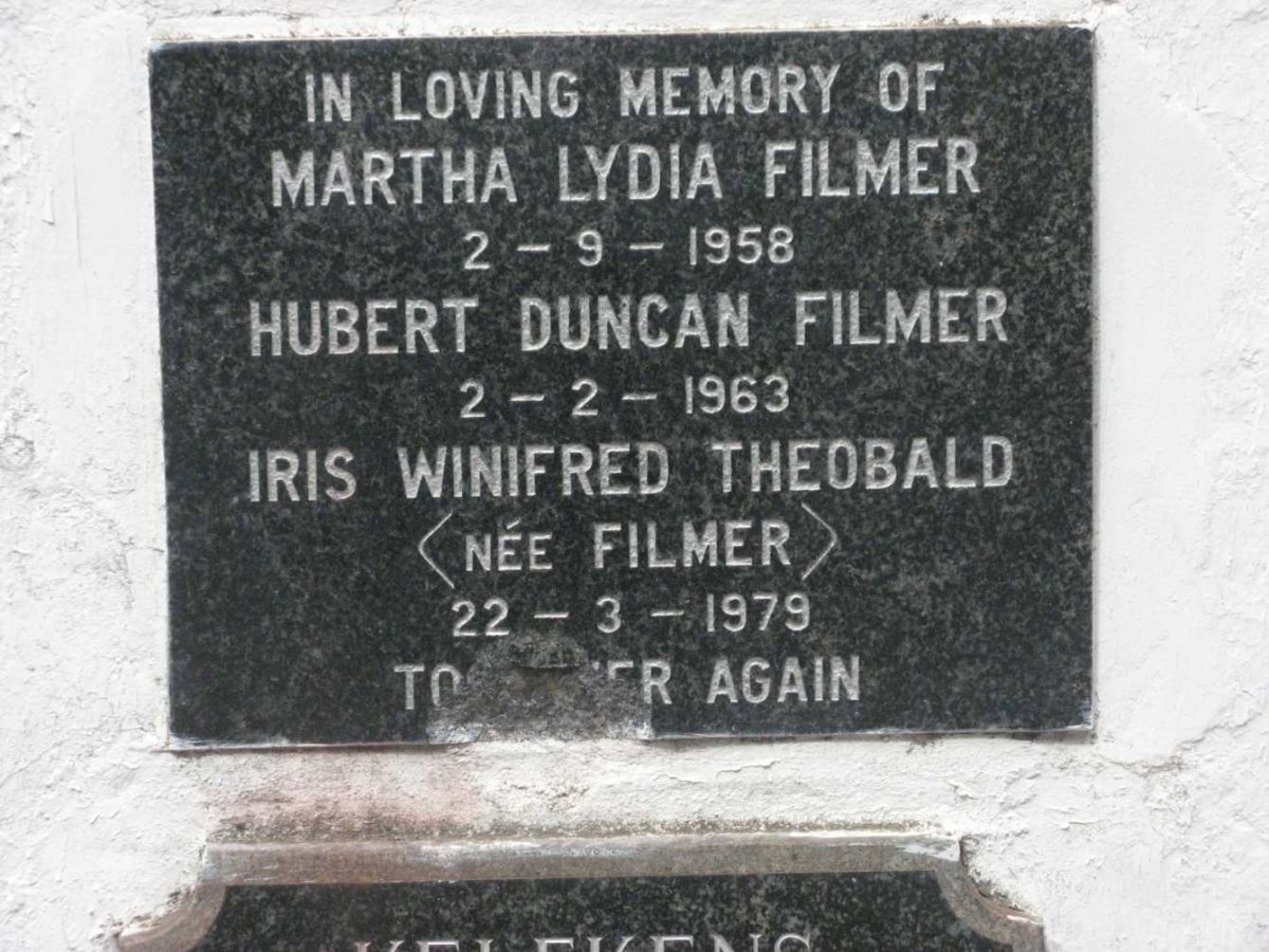 FILMER Hubert Duncan -1963 &amp; Martha Lydia -1958 :: THEOBALD Iris Winifred nee FILMER -1979