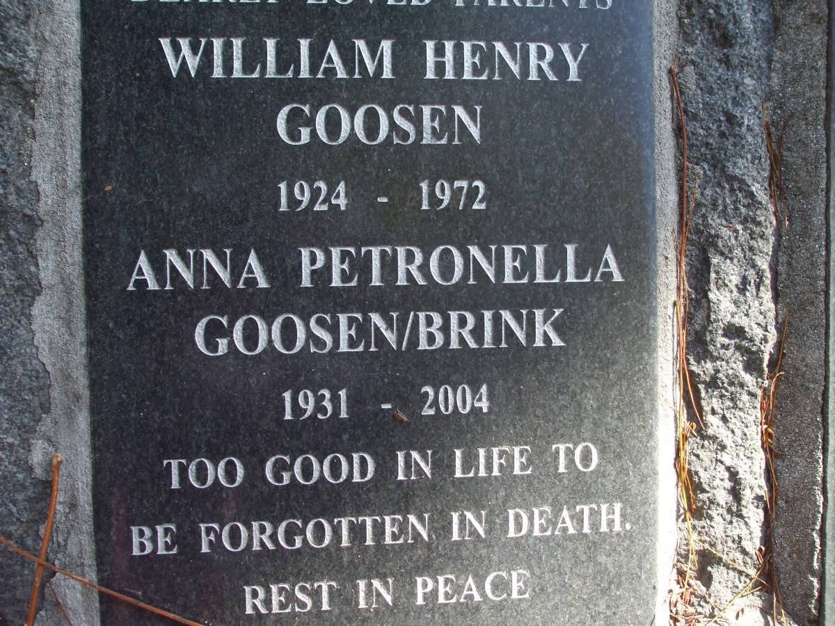 GOOSEN William Henry 1924-1972 &amp; Anna Petronella BRINK 1931-2004