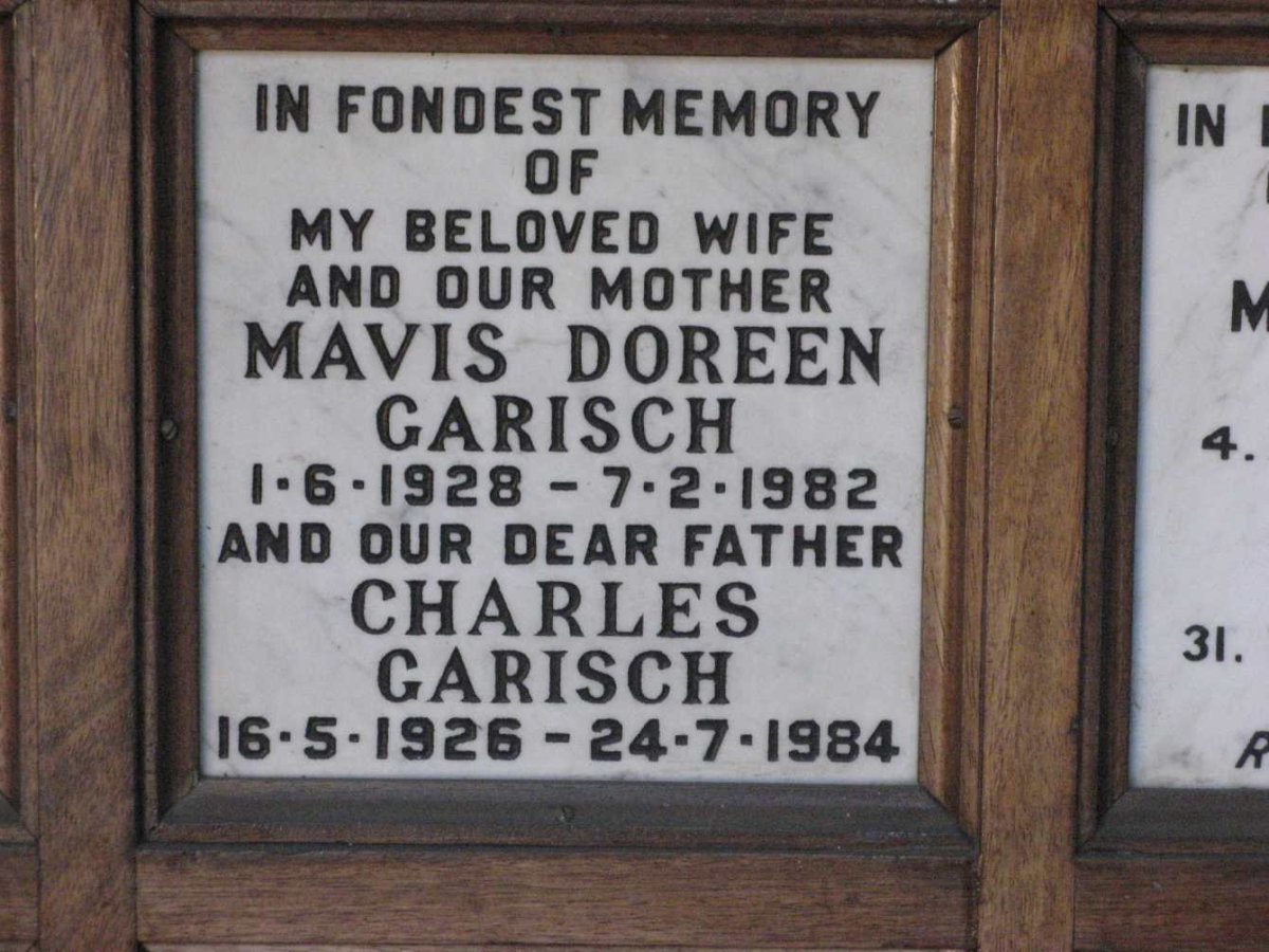GARISCH Charles 1926-1984  &amp; Mavis Doreen 1928-1982