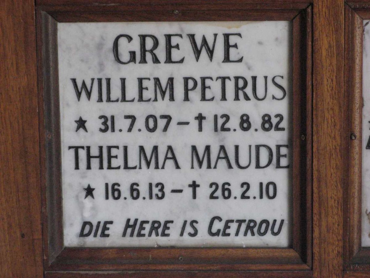 GREWE Willem Petrus 1907-1982 &amp; Thelma Maude 1913-2010