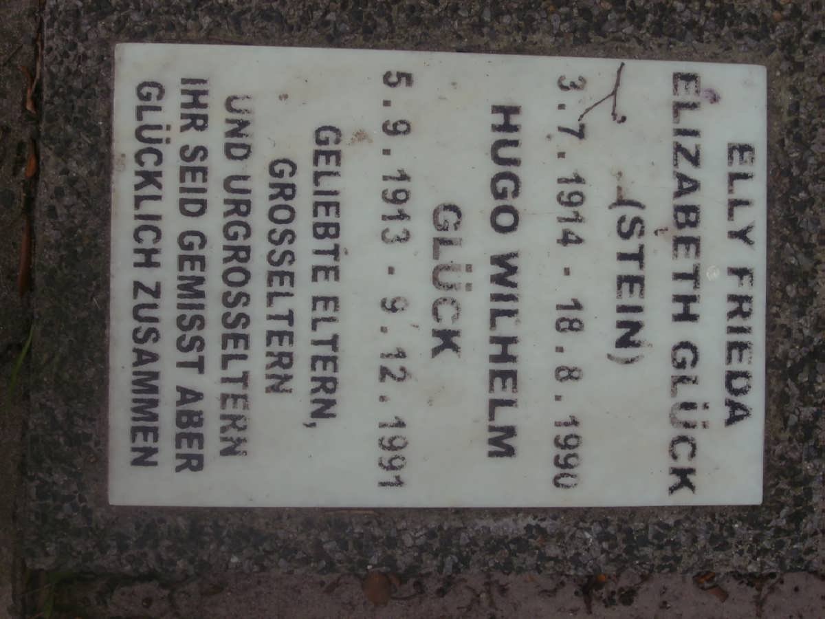GLUCK Hugo Wilhelm 1913-1991 &amp; Elly Frieda Elizabeth STEIN 1914-1990