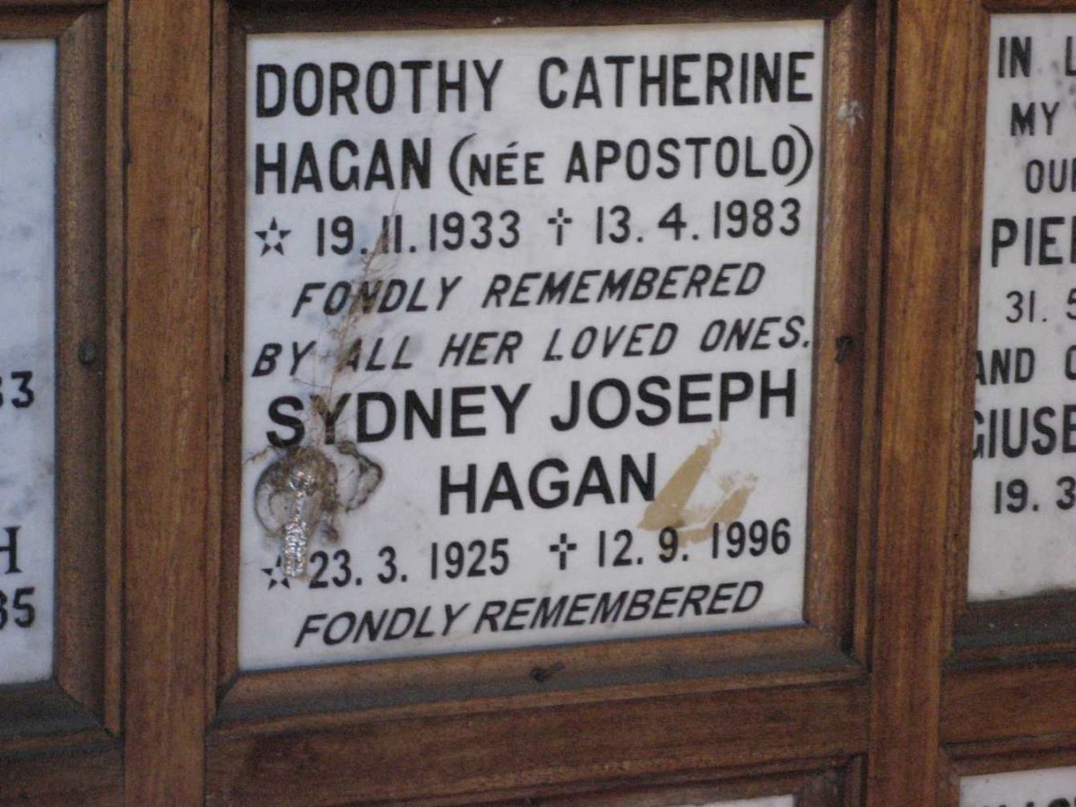 HAGAN Sydney Joseph 1925-1996 &amp; Dorothy Catherine APOSTOLO 1933-1983