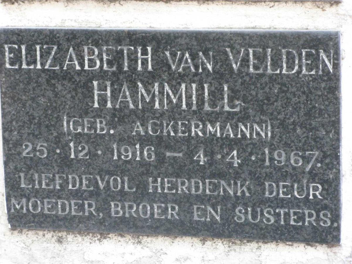 HAMMILL Elizabeth van Velden nee ACKERMANN 1916-1967