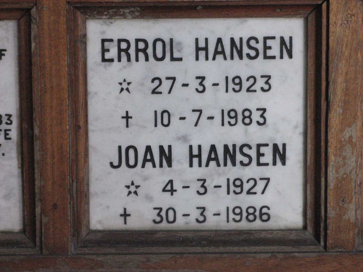 HANSEN Errol 1923-1983 &amp; Joan 1927-1986
