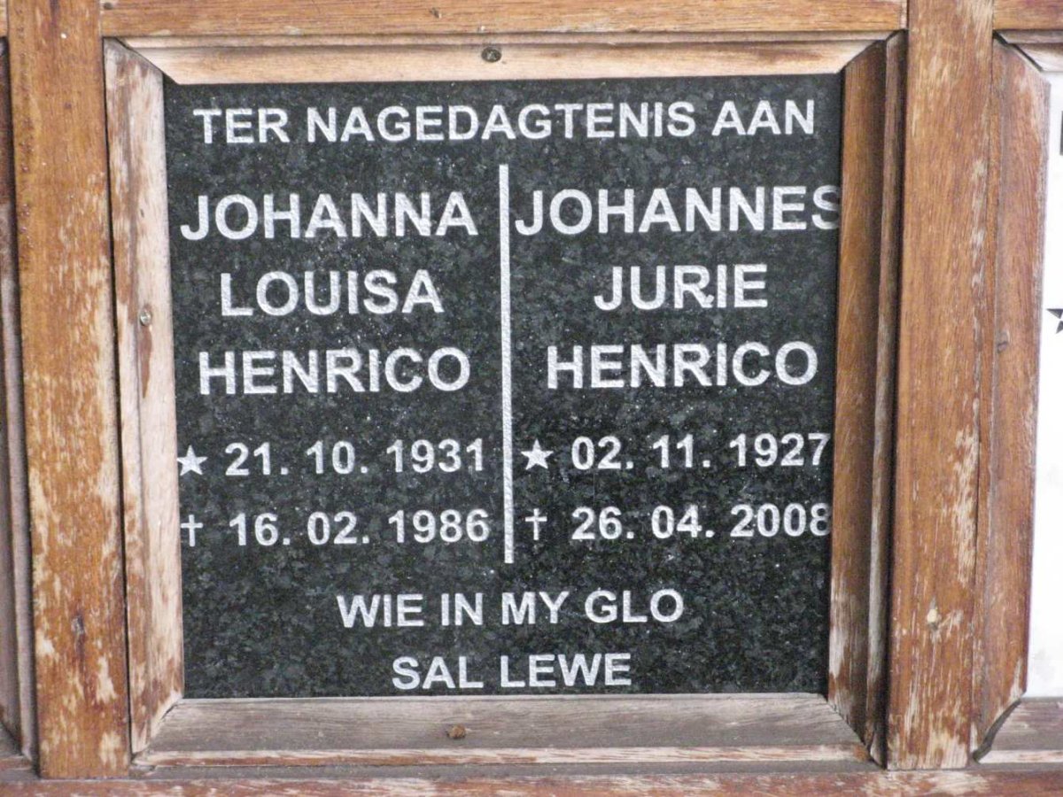 HENRICO Johannes Jurie 1927-2008 &amp; Johanna Louisa 1931-1986