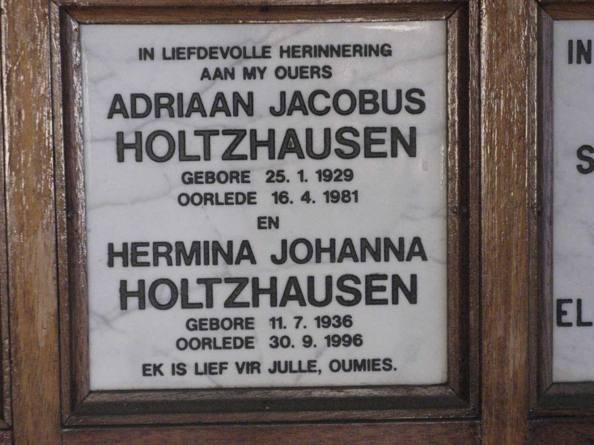HOLTZHAUSEN Adriaan Jacobus 1929-1981 &amp; Hermina Johanna 1936-1996