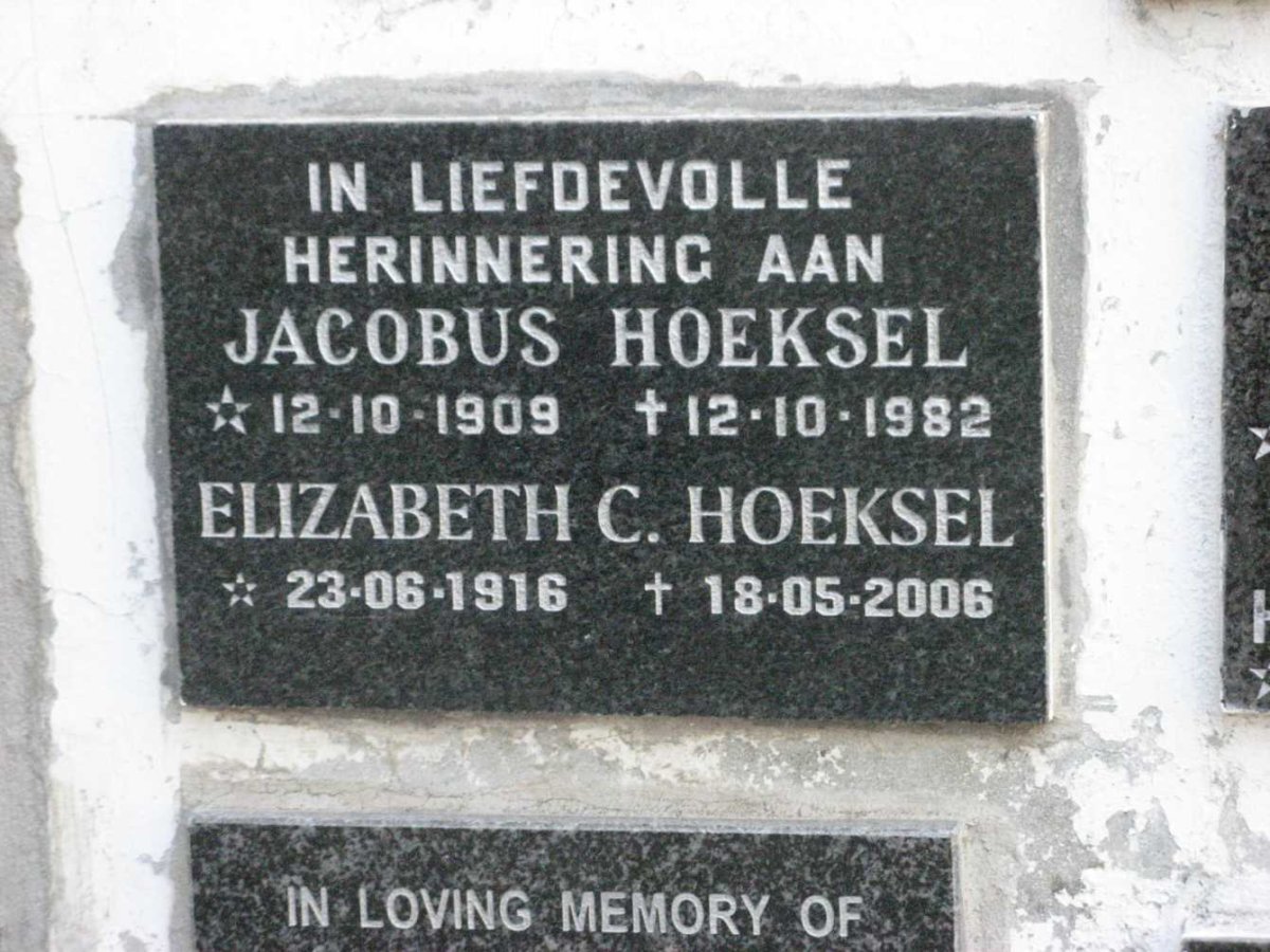HOEKSEL Jacobus 1909-1982 &amp; Elizabeth C. 1916-2006