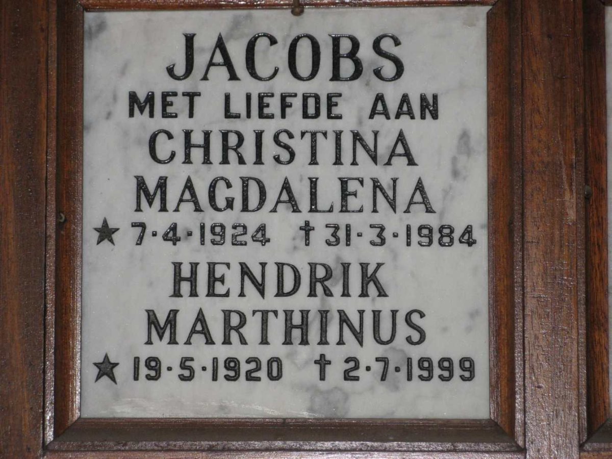 JACOBS Hendrik Marthinus 1920-1999 &amp; Christina Magdalena 1924-1984
