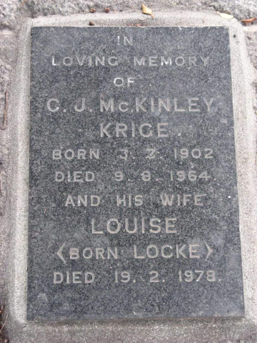 KRIGE C.J. McKinley 1902-1964 &amp; Louise LOCKE -1978