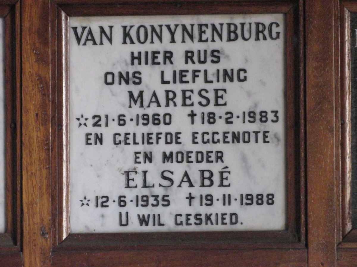 KONYNENBURG Elsabe, van 1935-1988 :: VAN KONYNENBURG Marese 1960-1983
