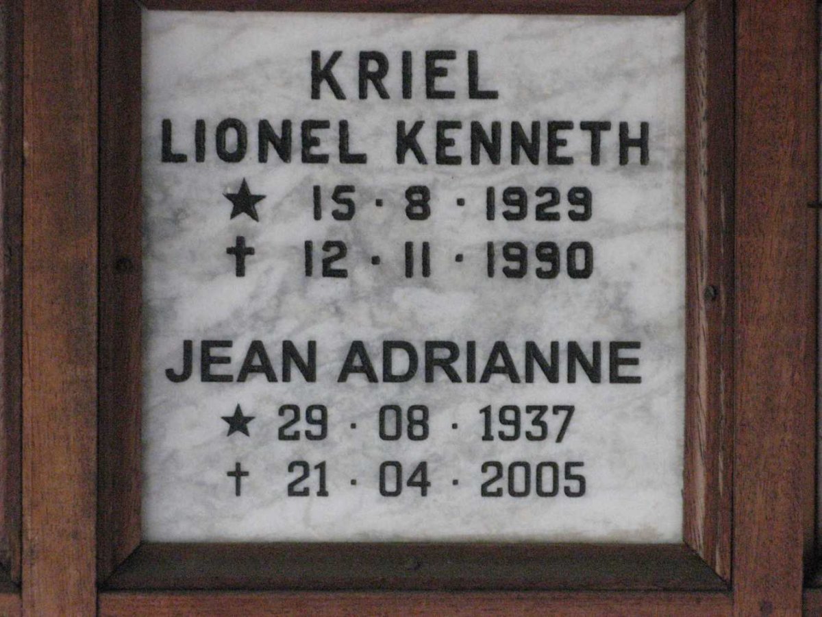 KRIEL Lionel Kenneth 1929-1990 &amp; Jean Adrianne 1937-2005