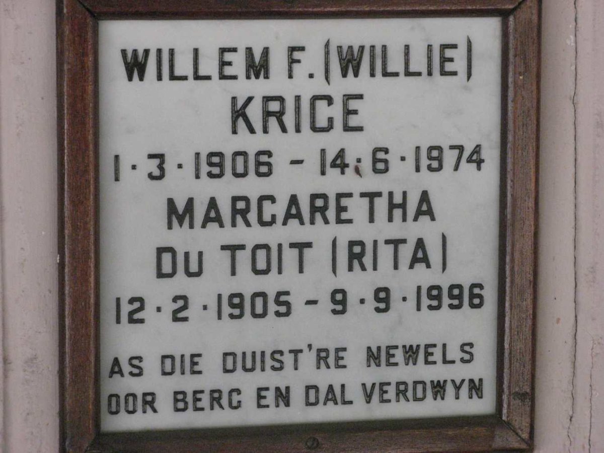 KRIGE Willem F. 1906-1974 :: DU TOIT Margaretha 1905-1996