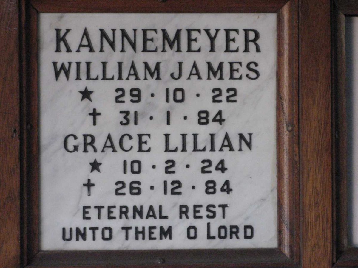 KANNEMEYER William James 1922-1984 &amp; Grace Lilian 1924-1984