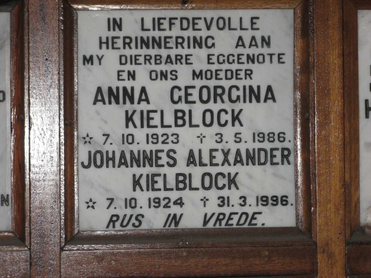 KIELBLOCK Johannes Alexander 1924-1996 &amp; Anna Georgina 1923-1986