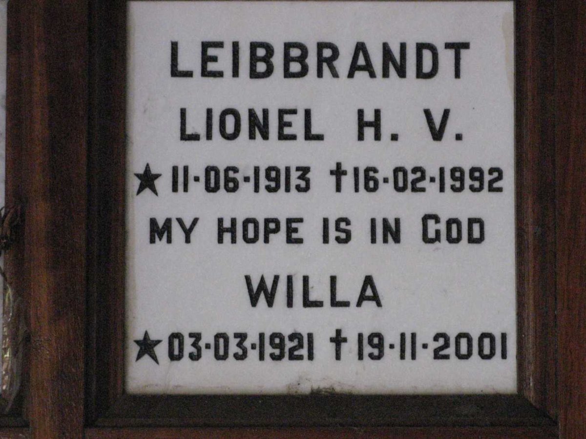 LEIBBRANDT Lionel H.V. 1913-1992 &amp; Willa 1921-2001