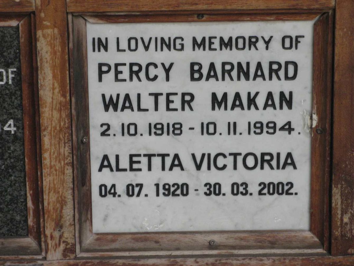 MAKAN Percy Barnard Walter 1918-1994 &amp; Aletta Victoria 1920-2002