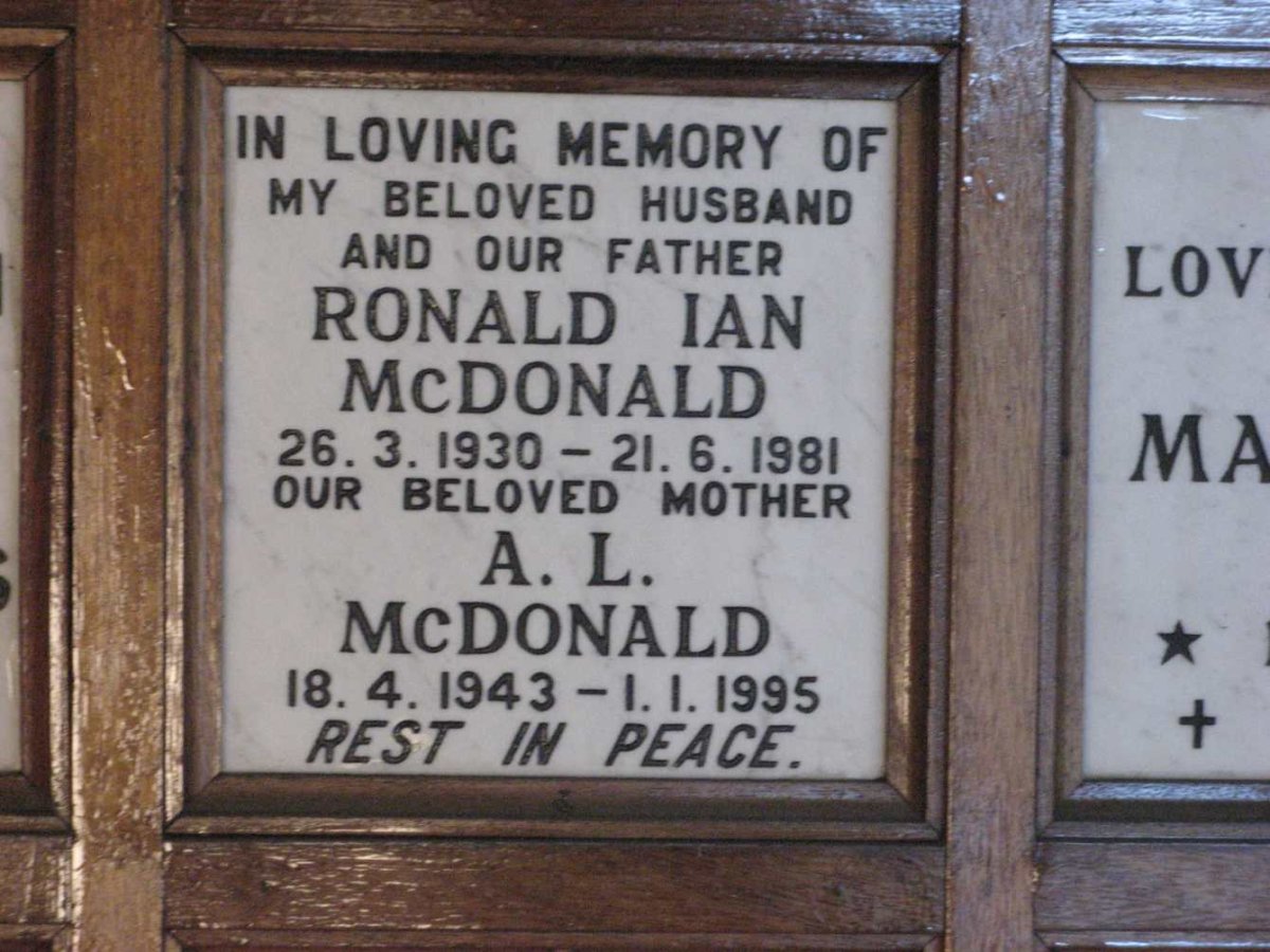 McDONALD Ronald Ian 1930-1981 &amp; A.L. 1943-1995