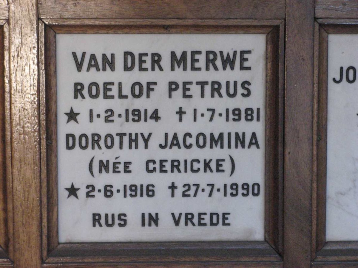 MERWE Roelof Petrus, van der 1914-1981 &amp; Dorothy Jacomina GERICKE 1916-1990