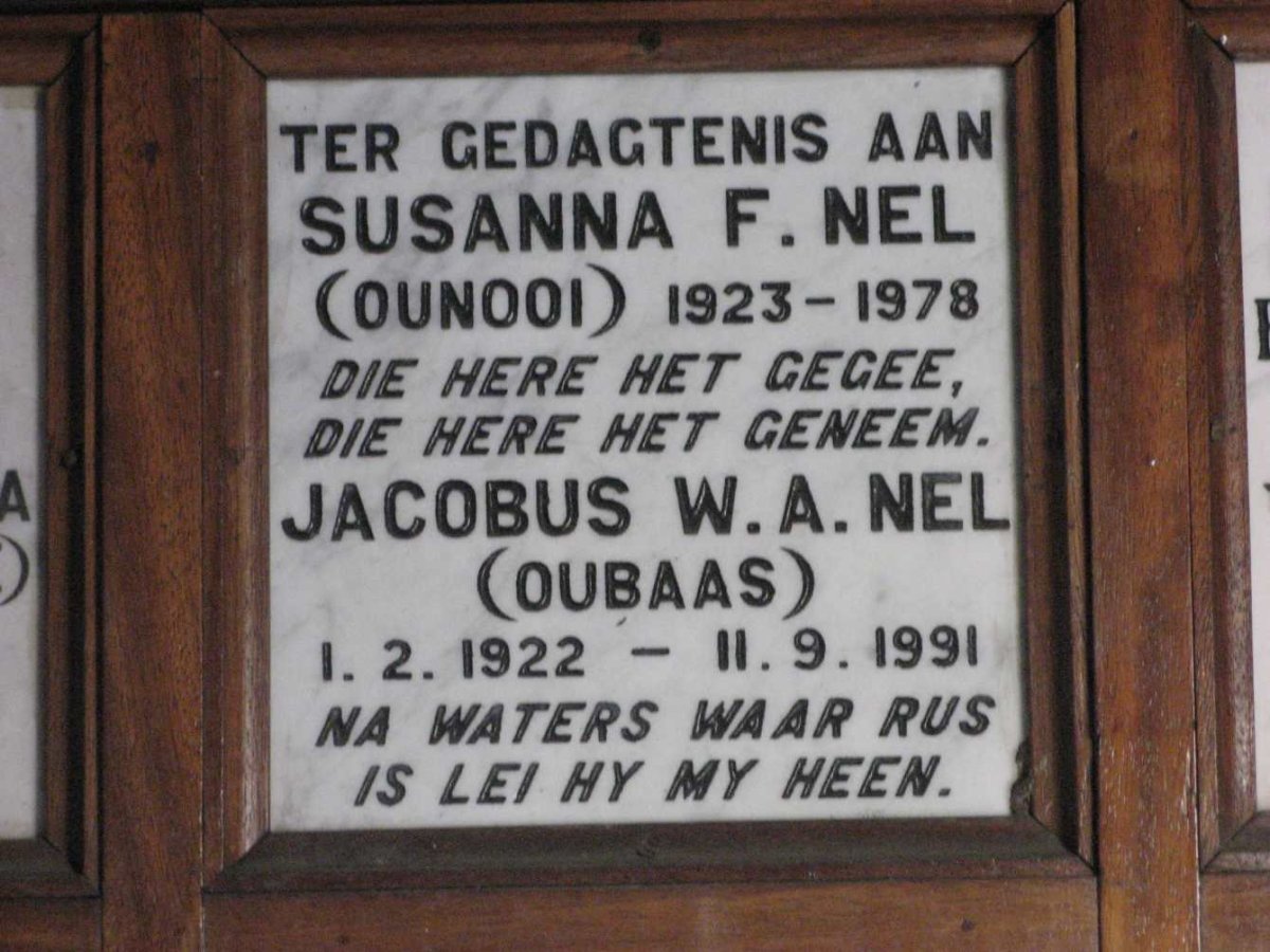 NEL Jacobus W.A. 1922-1991 &amp; Susanna F. 1923-1978