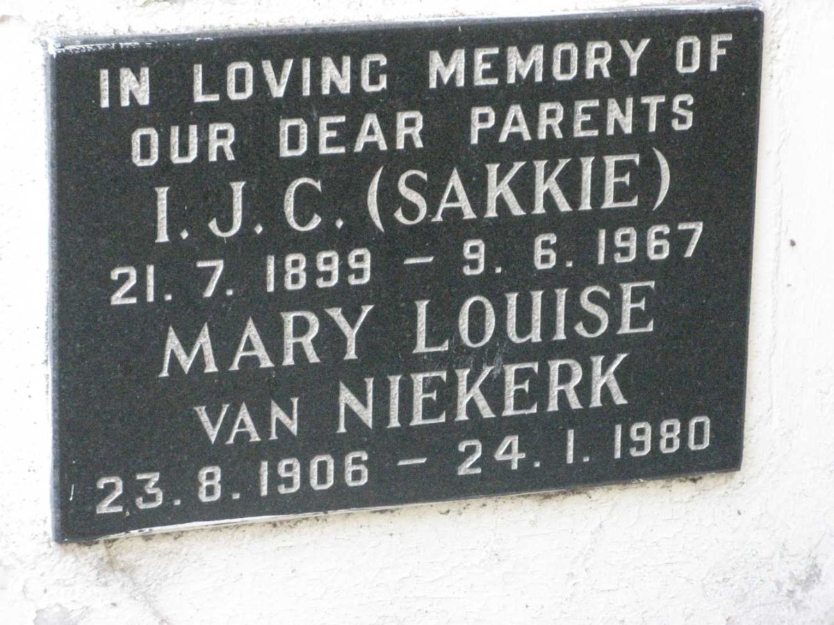 NIEKERK I.J.C., van 1899-1967 &amp; Mary Louise 1906-1980
