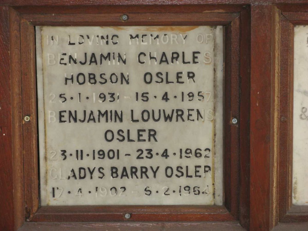 OSLER Benjamin Louwrens 1901-1962 &amp; Gladys Barry 1902-1954 :: OSLER Benjamin Charles Hobson 1931-1957