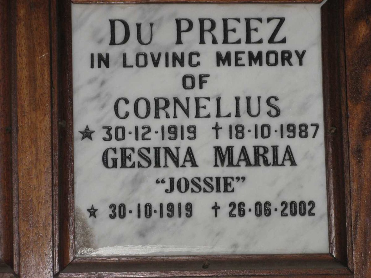 PREEZ Cornelius, du 1919-1987 &amp; Gesina Maria 1919-2002