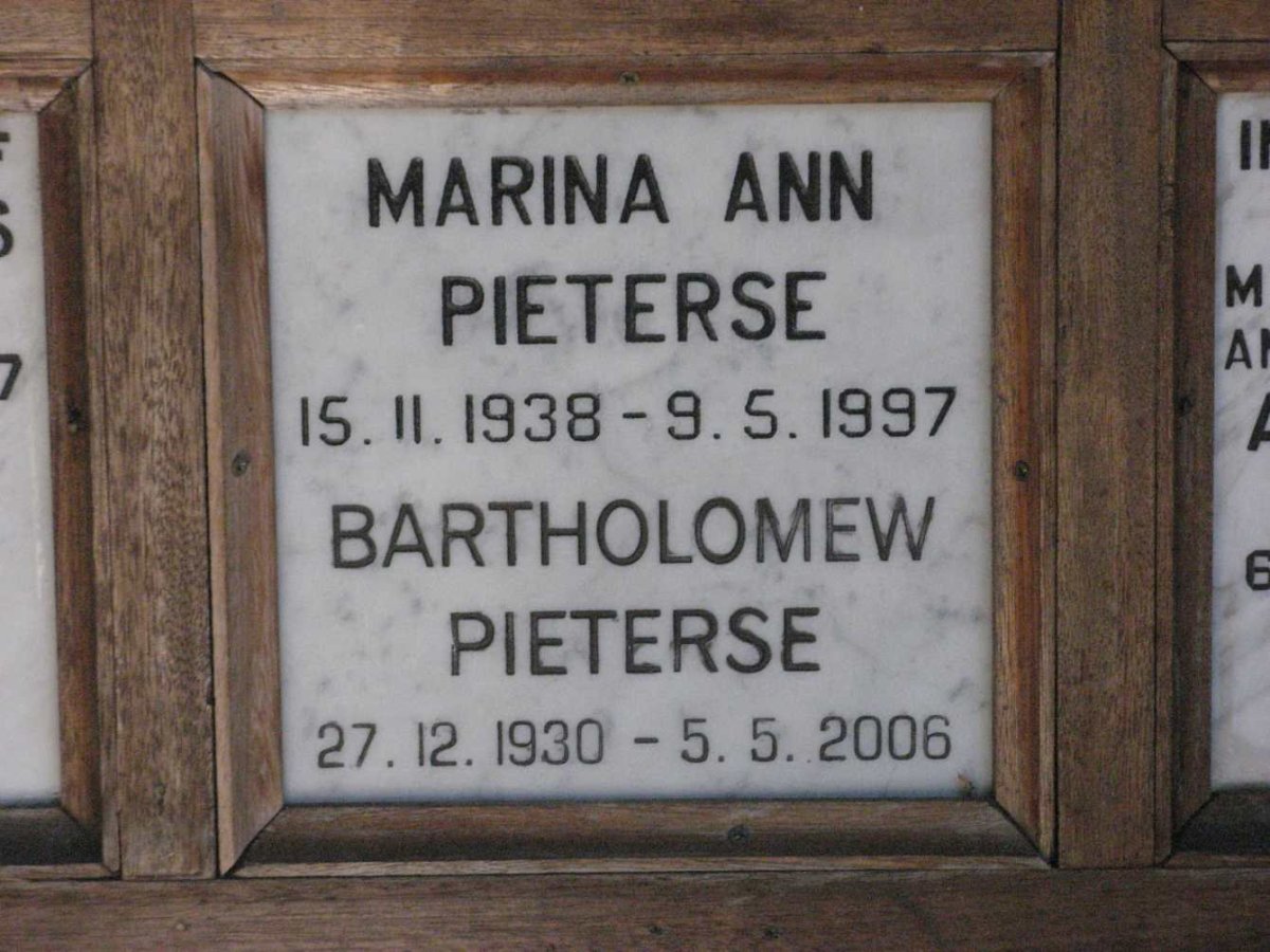 PIETERSE Bartholomew 1930-2006 &amp; Marina Ann 1938-1997