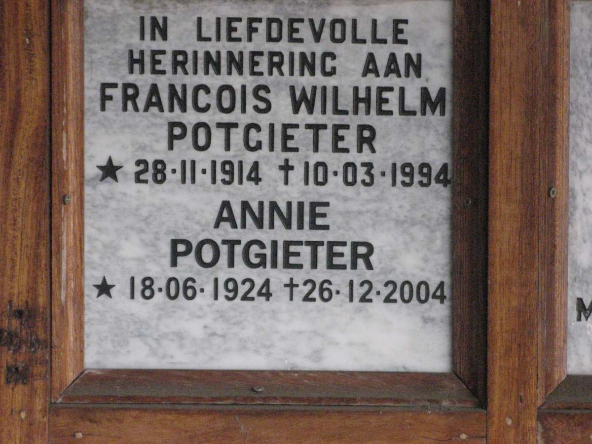 POTGIETER Francois Wilhelm 1914-1994 &amp; Annie 1924-2004