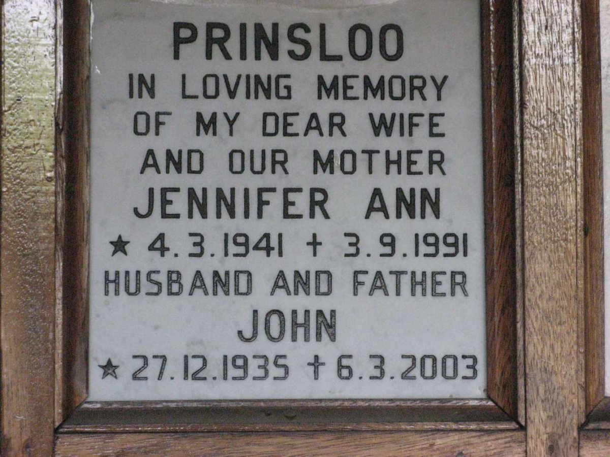 PRINSLOO John 1935-2003 &amp; Jennifer Ann 1941-1991