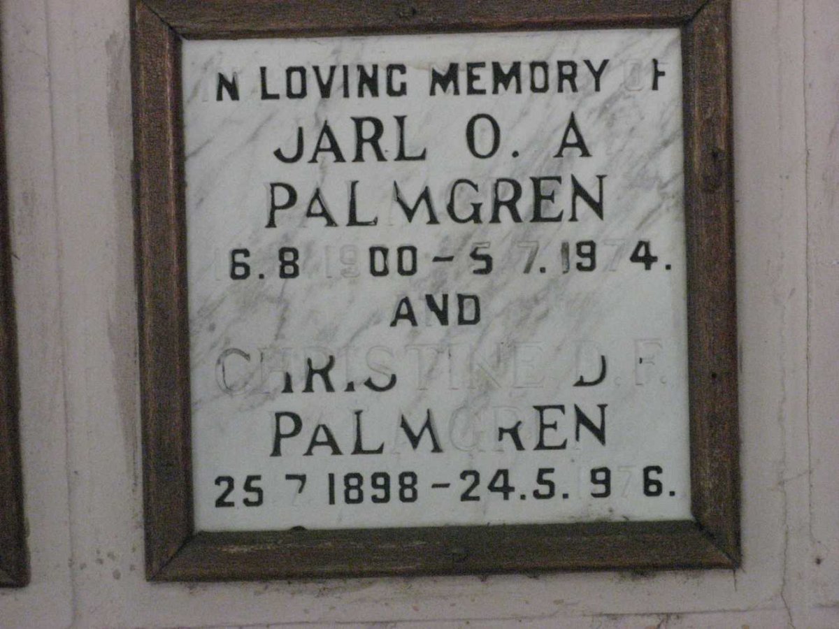 PALMGREN Jarl O.A. 1900-1974 &amp; Christine D.R. 1898-1976