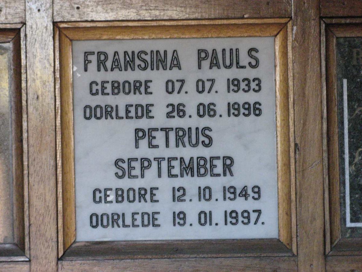 PAULS Fransina 1933-1996 :: SEPTEMBER Petrus 1949-1997