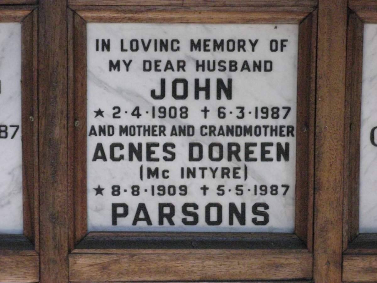 PARSONS John 1908-1987 &amp; Agnes Doreen McINTYRE 1909-1987