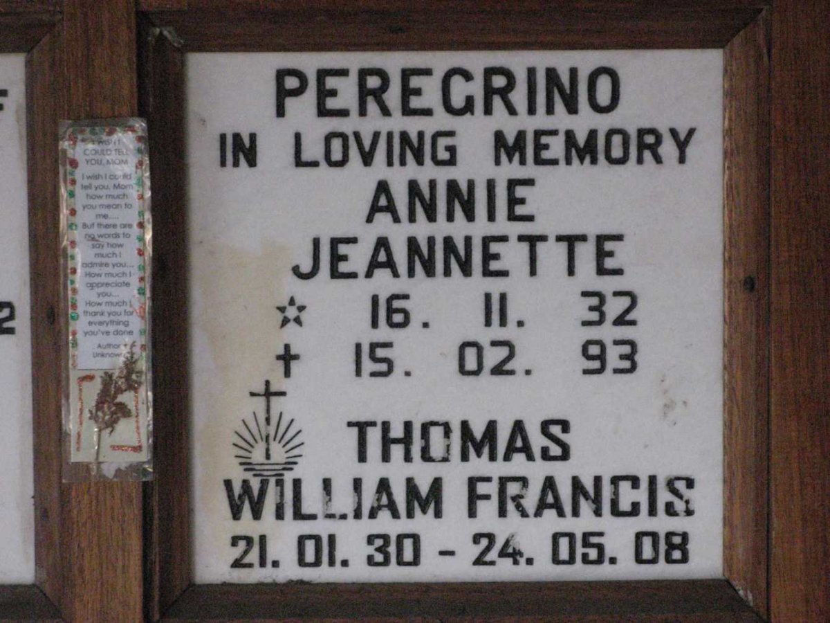 PEREGRINO Thomas William Francis 1930-2008 &amp; Annie Jeannette 1932-1993
