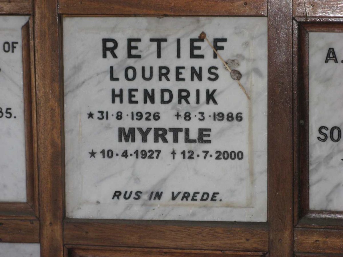 RETIEF Lourens Hendrik 1926-1986 &amp; Myrtle 1927-2000