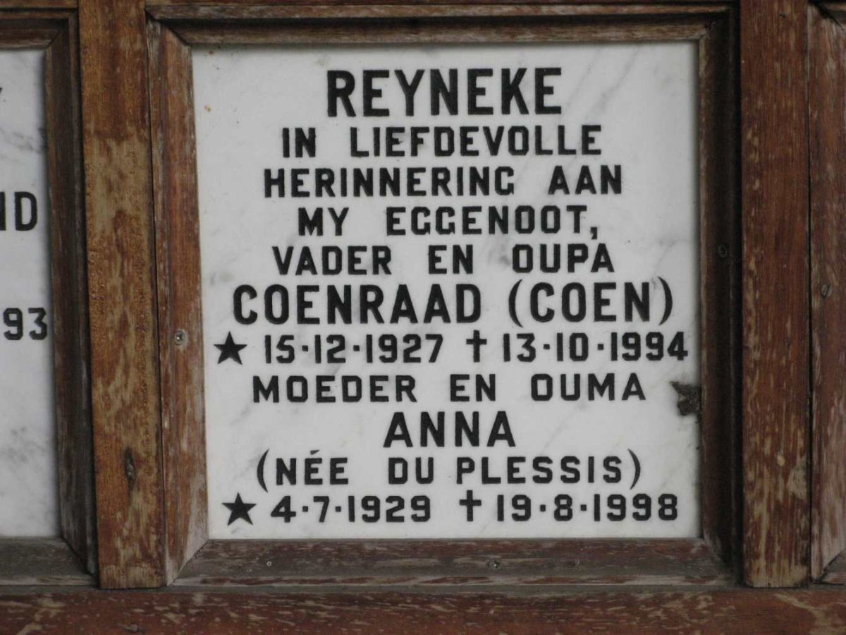 REYNEKE Coenraad 1927-1994 &amp; Anna DU PLESSIS 1929-1998