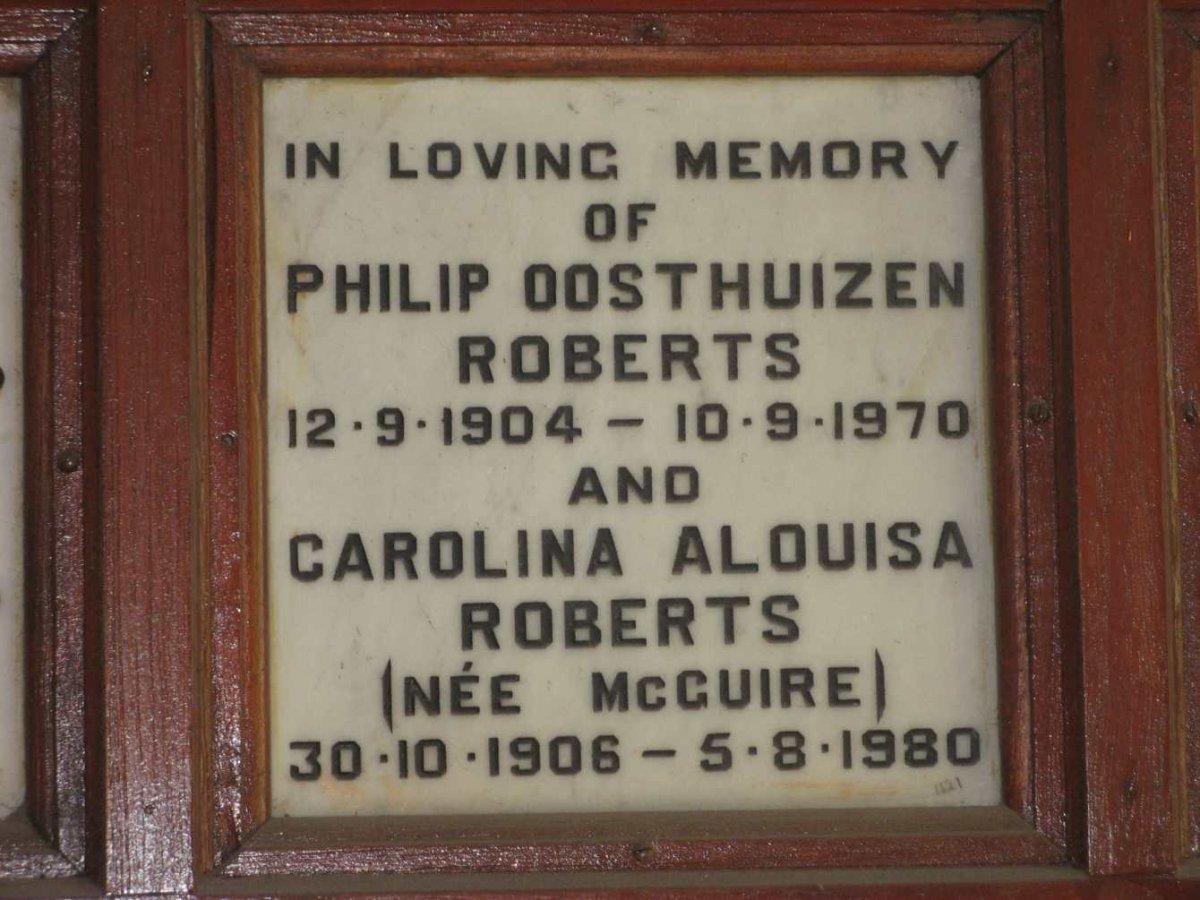 ROBERTS Philip Oosthuizen 1904-1970 &amp; Carolina Alouisa McGUIRE 1906-1980
