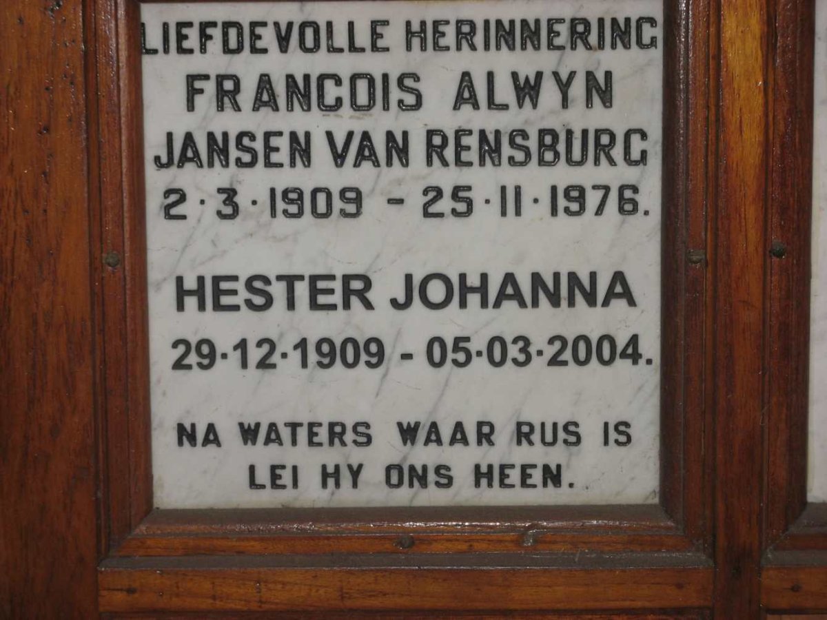 RENSBURG Francois Alwyn, Jansen van 1909-1976 &amp; Hester Johanna 1909-2004