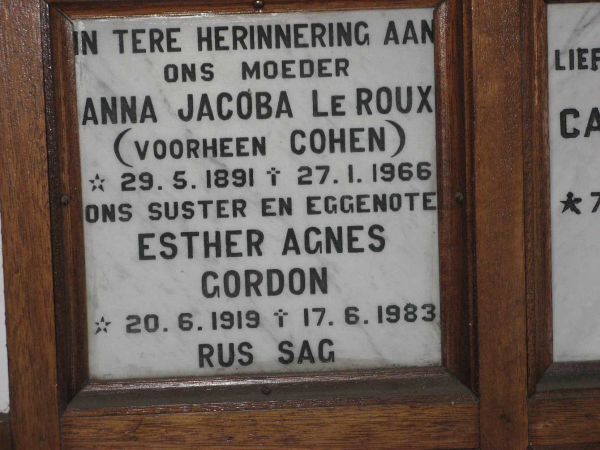 ROUX Anna Jacoba, le voorheen COHEN 1891-1966 :: GORDON Esther Agnes 1919-1983