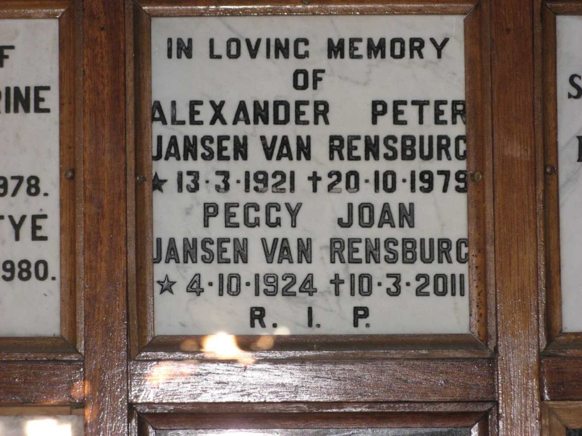 RENSBURG Alexander Peter, Jansen van 1921-1979 &amp; Peggy Joan 1924-2011