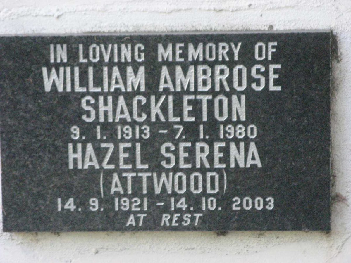 SHACKLETON William Ambrose 1913-1980 &amp; Hazel Serena ATTWOOD 1921-2003