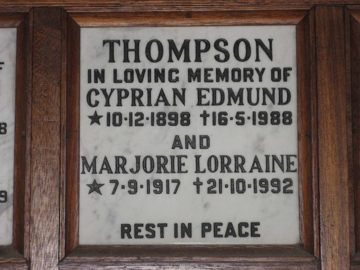 THOMPSON Cyprian Edmund 1898-1988 &amp; Marjorie Lorraine 1917-1992