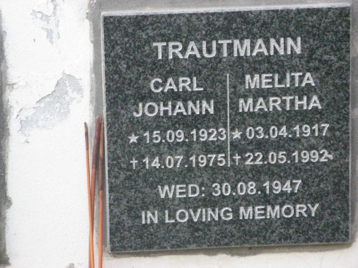 TRAUTMANN Carl Johann 1923-1975 &amp; Melita Martha 1917-1992