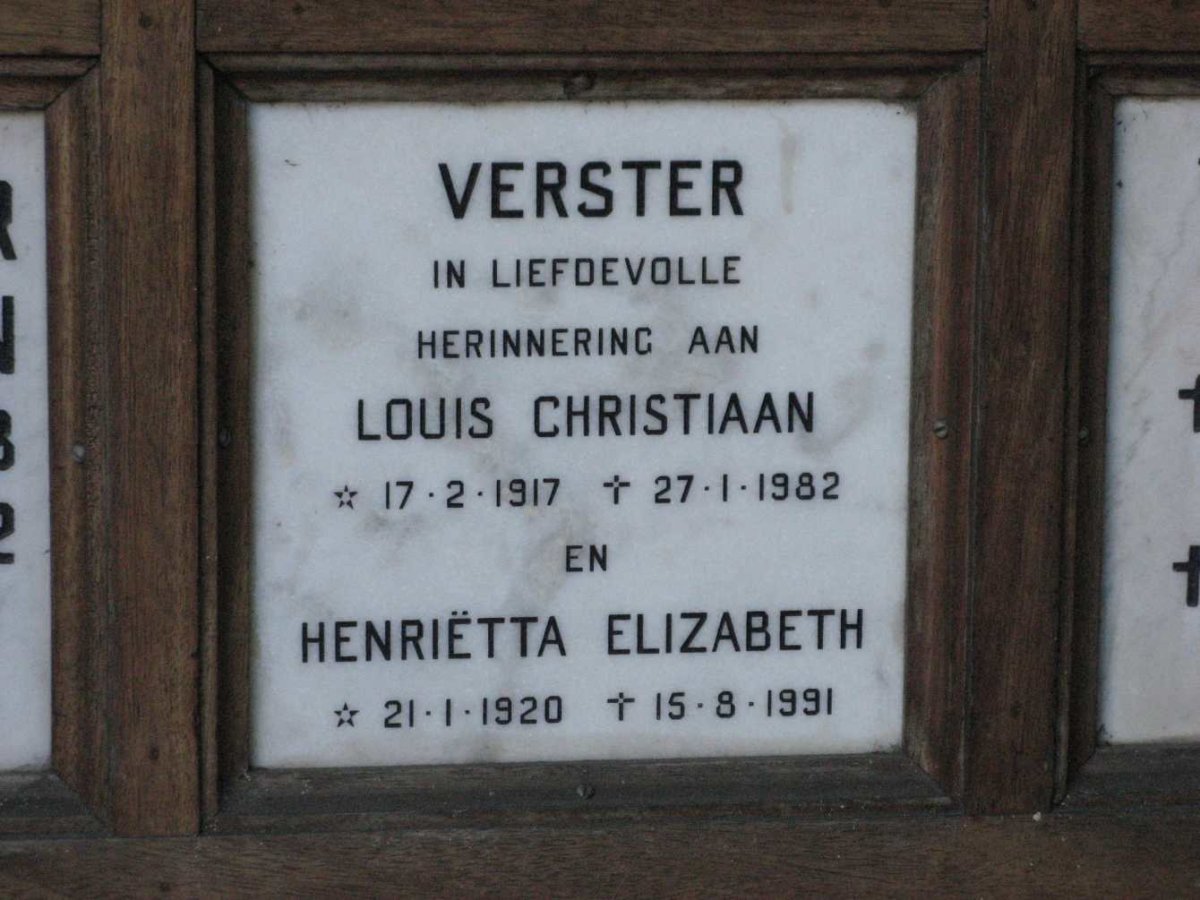 VERSTER Louis Christiaan 1917-1982 &amp; Henrietta Elizabeth 1920-1991