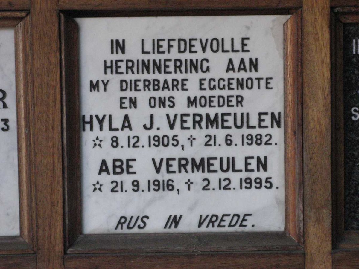 VERMEULEN Abe 1916-1995 &amp; Hyla J. 1905-1982